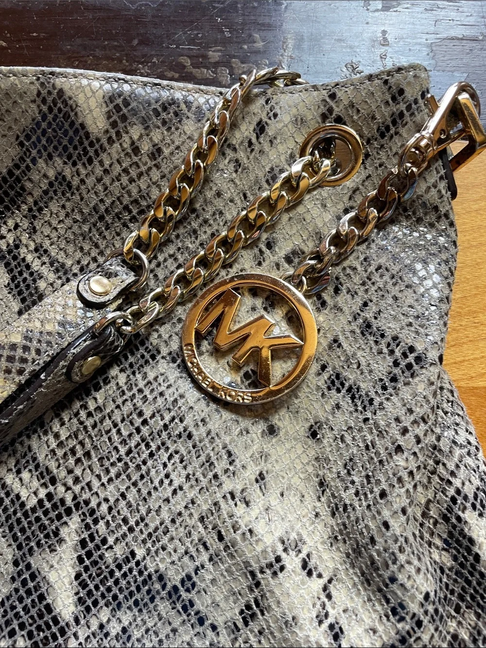 Michael Kors Snake-Print Shoulder Tote in Taupe and Black with Gold Hardware